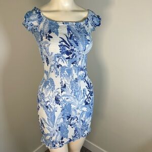 Guess Blue and White Floral Smocked Mini Dress